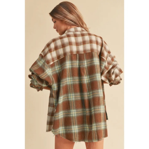 Noelle Brown White Sage Oversized Flannel Button Patchwork Long Sleeve Shirt - Picture 4 of 4